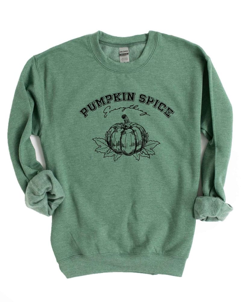 Front of a size XL Pumpkin Spice Grunge Graphic Sweatshirt in Heather Green by Simply Sage Market. | dia_product_style_image_id:301604
